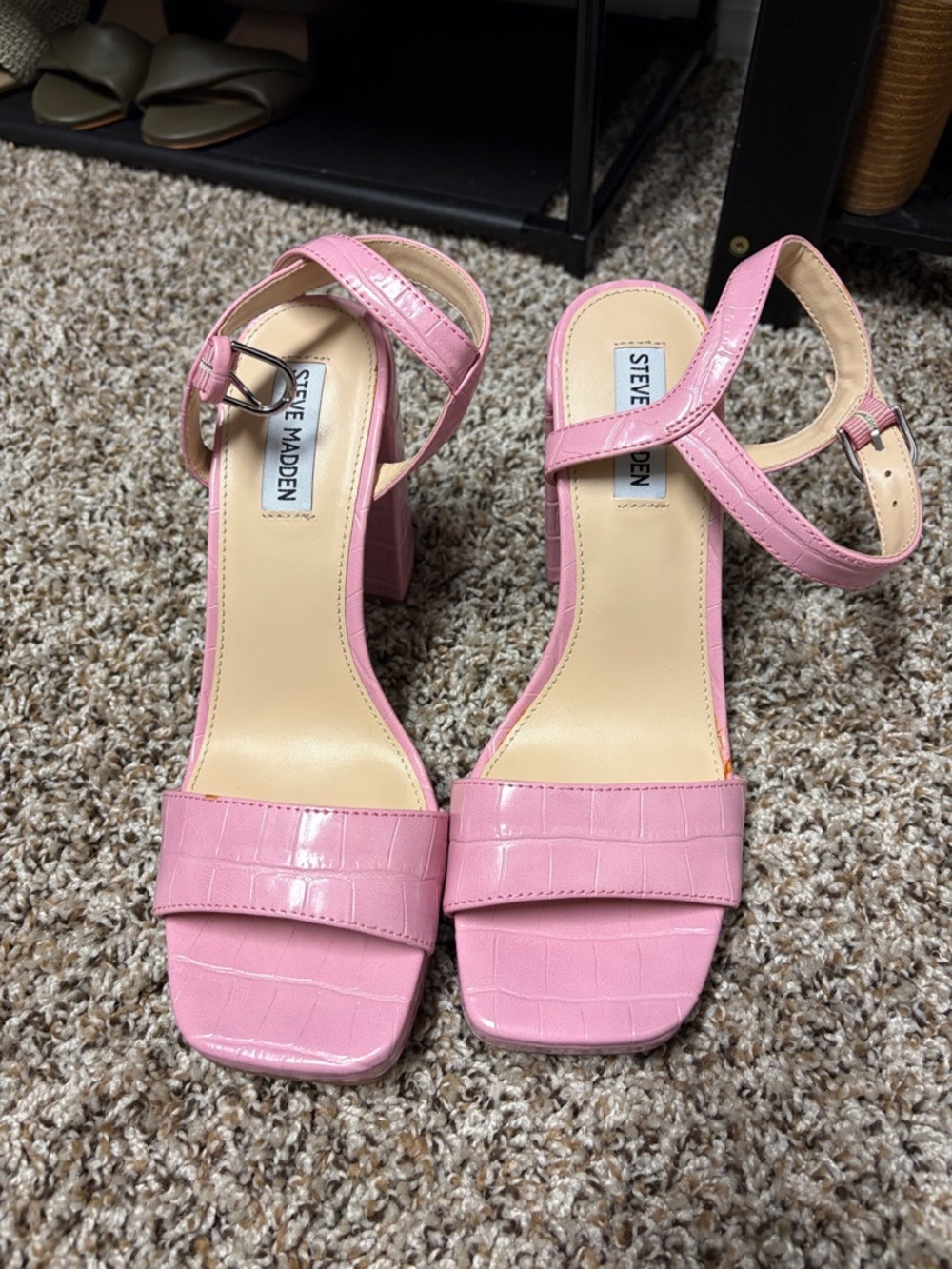 Steve Madden Pink Croc-Embossed Block Heel Sandals